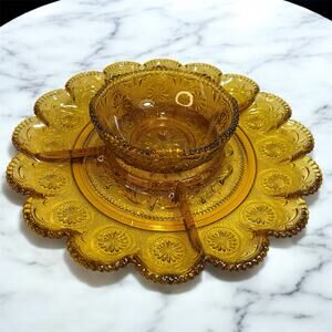 Rare Vtg- BROCKWAY American Concord Dip N Shack Set/ Divided Dish & Bowl Amber